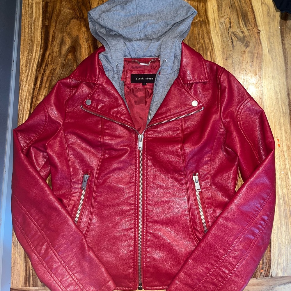 Black rivet hooded faux red leather jacket